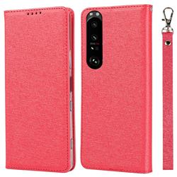 Ultra Slim Magnetic Automatic Suction Silk Lanyard Leather Flip Cover for Sony Xperia 1 III - Red