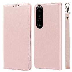 Ultra Slim Magnetic Automatic Suction Silk Lanyard Leather Flip Cover for Sony Xperia 1 III - Rose Gold
