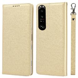 Ultra Slim Magnetic Automatic Suction Silk Lanyard Leather Flip Cover for Sony Xperia 1 III - Golden