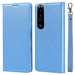 Ultra Slim Magnetic Automatic Suction Silk Lanyard Leather Flip Cover for Sony Xperia 1 III - Sky Blue