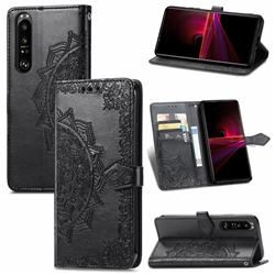 Embossing Imprint Mandala Flower Leather Wallet Case for Sony Xperia 1 III - Black
