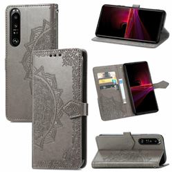 Embossing Imprint Mandala Flower Leather Wallet Case for Sony Xperia 1 III - Gray