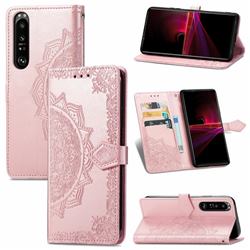 Embossing Imprint Mandala Flower Leather Wallet Case for Sony Xperia 1 III - Rose Gold