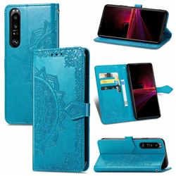 Embossing Imprint Mandala Flower Leather Wallet Case for Sony Xperia 1 III - Blue