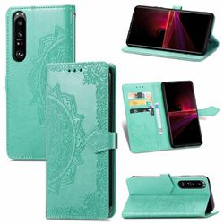 Embossing Imprint Mandala Flower Leather Wallet Case for Sony Xperia 1 III - Green
