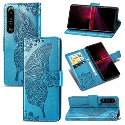 Embossing Mandala Flower Butterfly Leather Wallet Case for Sony Xperia 1 III - Blue
