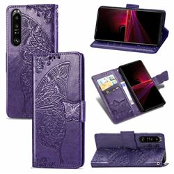 Embossing Mandala Flower Butterfly Leather Wallet Case for Sony Xperia 1 III - Dark Purple