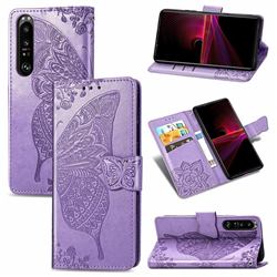 Embossing Mandala Flower Butterfly Leather Wallet Case for Sony Xperia 1 III - Light Purple