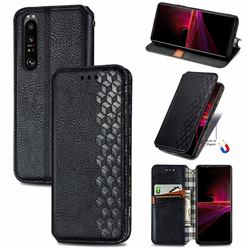Ultra Slim Fashion Business Card Magnetic Automatic Suction Leather Flip Cover for Sony Xperia 1 III - Black