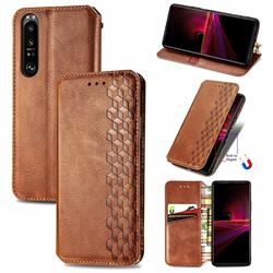 Ultra Slim Fashion Business Card Magnetic Automatic Suction Leather Flip Cover for Sony Xperia 1 III - Brown