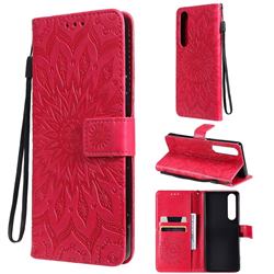 Embossing Sunflower Leather Wallet Case for Sony Xperia 1 III - Red