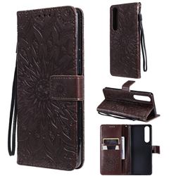 Embossing Sunflower Leather Wallet Case for Sony Xperia 1 III - Brown