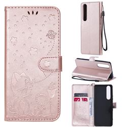 Embossing Bee and Cat Leather Wallet Case for Sony Xperia 1 III - Rose Gold