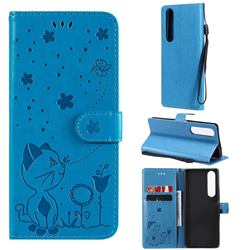 Embossing Bee and Cat Leather Wallet Case for Sony Xperia 1 III - Blue