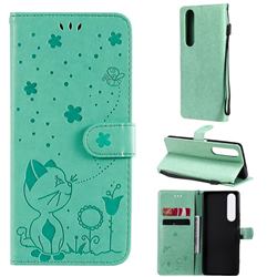 Embossing Bee and Cat Leather Wallet Case for Sony Xperia 1 III - Green