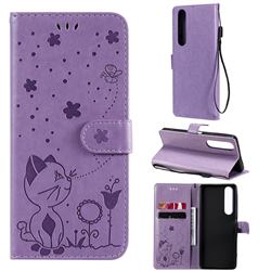 Embossing Bee and Cat Leather Wallet Case for Sony Xperia 1 III - Purple