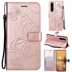 Embossing 3D Butterfly Leather Wallet Case for Sony Xperia 1 III - Rose Gold