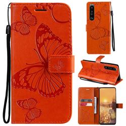 Embossing 3D Butterfly Leather Wallet Case for Sony Xperia 1 III - Orange