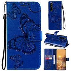 Embossing 3D Butterfly Leather Wallet Case for Sony Xperia 1 III - Blue
