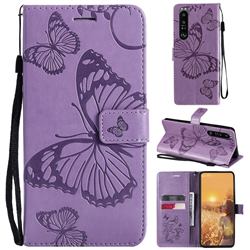 Embossing 3D Butterfly Leather Wallet Case for Sony Xperia 1 III - Purple