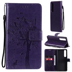 Embossing Butterfly Tree Leather Wallet Case for Sony Xperia 1 III - Purple