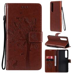 Embossing Butterfly Tree Leather Wallet Case for Sony Xperia 1 III - Coffee