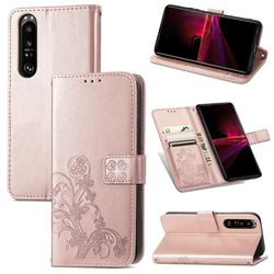 Embossing Imprint Four-Leaf Clover Leather Wallet Case for Sony Xperia 1 III - Rose Gold