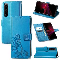 Embossing Imprint Four-Leaf Clover Leather Wallet Case for Sony Xperia 1 III - Blue