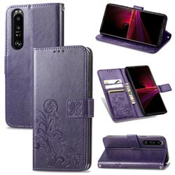 Embossing Imprint Four-Leaf Clover Leather Wallet Case for Sony Xperia 1 III - Purple