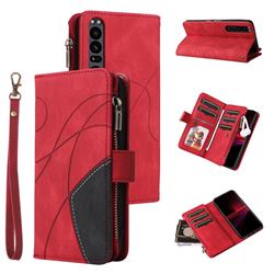 Luxury Two-color Stitching Multi-function Zipper Leather Wallet Case Cover for Sony Xperia 1 III - Red