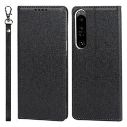 Ultra Slim Magnetic Automatic Suction Silk Lanyard Leather Flip Cover for Sony Xperia 1 IV - Black