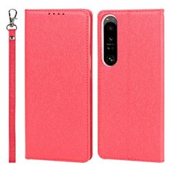 Ultra Slim Magnetic Automatic Suction Silk Lanyard Leather Flip Cover for Sony Xperia 1 IV - Red