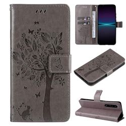 Embossing Butterfly Tree Leather Wallet Case for Sony Xperia 1 IV - Grey