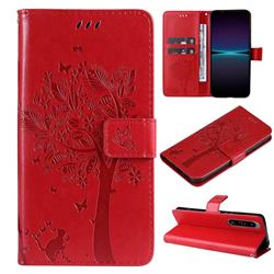 Embossing Butterfly Tree Leather Wallet Case for Sony Xperia 1 IV - Red
