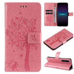 Embossing Butterfly Tree Leather Wallet Case for Sony Xperia 1 IV - Pink