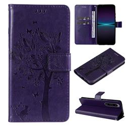Embossing Butterfly Tree Leather Wallet Case for Sony Xperia 1 IV - Purple