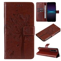 Embossing Butterfly Tree Leather Wallet Case for Sony Xperia 1 IV - Coffee