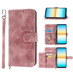 Skin Feel Embossed Lace Flower Multiple Card Slots Leather Wallet Phone Case for Sony Xperia 1 IV - Pink