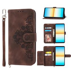 Skin Feel Embossed Lace Flower Multiple Card Slots Leather Wallet Phone Case for Sony Xperia 1 IV - Brown