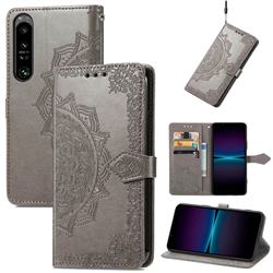 Embossing Imprint Mandala Flower Leather Wallet Case for Sony Xperia 1 IV - Gray