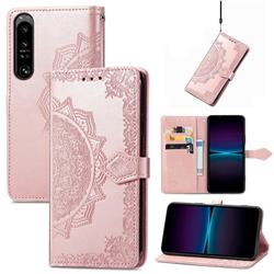 Embossing Imprint Mandala Flower Leather Wallet Case for Sony Xperia 1 IV - Rose Gold
