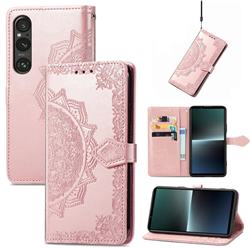Embossing Imprint Mandala Flower Leather Wallet Case for Sony Xperia 1 V - Rose Gold