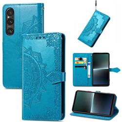 Embossing Imprint Mandala Flower Leather Wallet Case for Sony Xperia 1 V - Blue