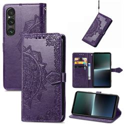 Embossing Imprint Mandala Flower Leather Wallet Case for Sony Xperia 1 V - Purple