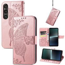 Embossing Mandala Flower Butterfly Leather Wallet Case for Sony Xperia 1 V - Rose Gold