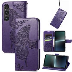 Embossing Mandala Flower Butterfly Leather Wallet Case for Sony Xperia 1 V - Dark Purple