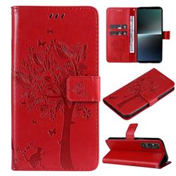 Embossing Butterfly Tree Leather Wallet Case for Sony Xperia 1 V - Red