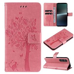 Embossing Butterfly Tree Leather Wallet Case for Sony Xperia 1 V - Pink