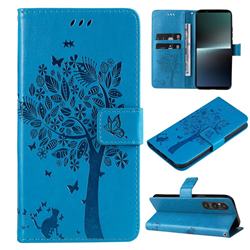 Embossing Butterfly Tree Leather Wallet Case for Sony Xperia 1 V - Blue