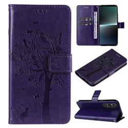 Embossing Butterfly Tree Leather Wallet Case for Sony Xperia 1 V - Purple